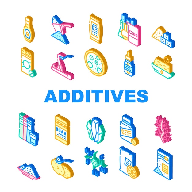 Conjunto de iconos de colección de fórmulas de aditivos alimentarios Jarabe de maíz vectorial y sustituto del azúcar Inventario químico y aminoácidos Aditivos alimentarios Signo isométrico Ilustraciones en color
