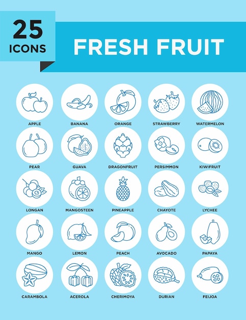 Conjunto de iconos de la colección de frutas frescas