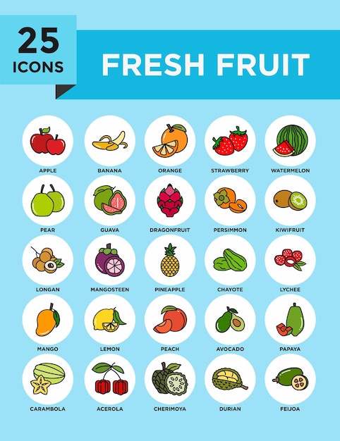 Conjunto de iconos de la colección de frutas frescas