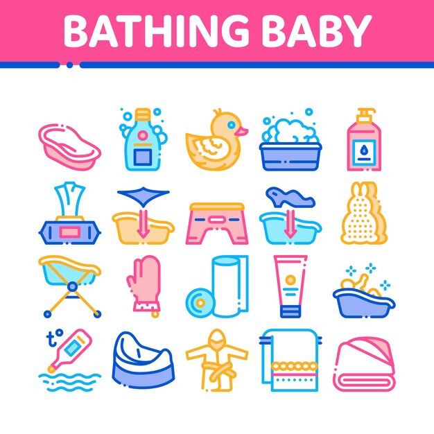 Vector conjunto de iconos de colección de herramientas de baño para bebés vector