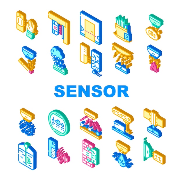 Conjunto de iconos de colección de herramientas electrónicas de sensor Movimiento vectorial y haz de vibración y humedad Riego de plantas y medidor de dimensiones Sensor de humo e incendios Signo isométrico Ilustraciones en color