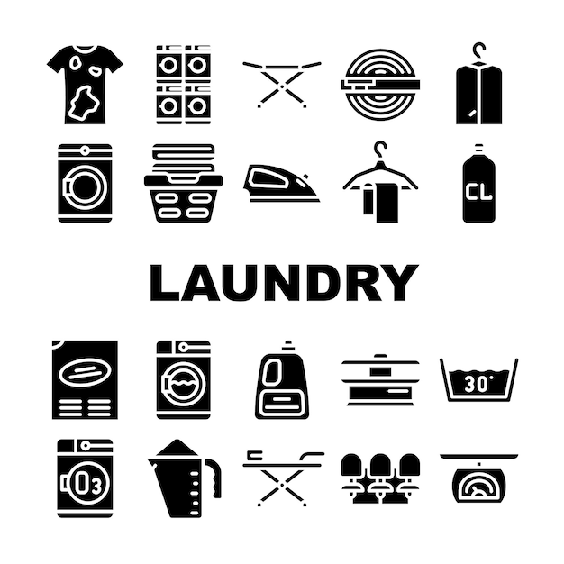 Conjunto de iconos de colección de herramientas de servicio de lavandería Lavandería vectorial y secadora Ropa sucia y limpia Detergente en polvo y acondicionador Pictogramas de glifo Ilustraciones negras