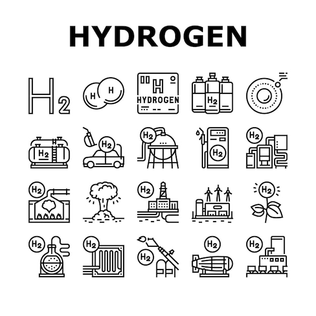 Conjunto de iconos de colección de la industria del hidrógeno Vector