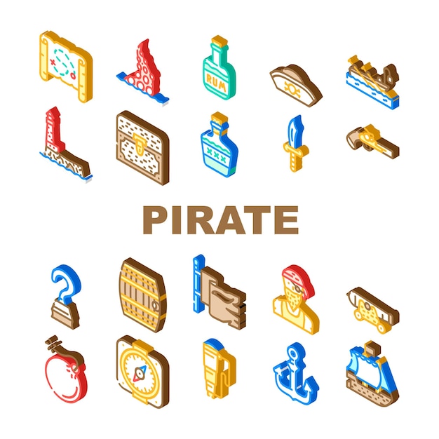 Conjunto de iconos de colección de ladrones de mar pirata Barco pirata vectorial flotando en el océano y sombrero de bandera y arma de brújula y cofre del tesoro de sable y barril de bebida Signo isométrico Ilustraciones en color