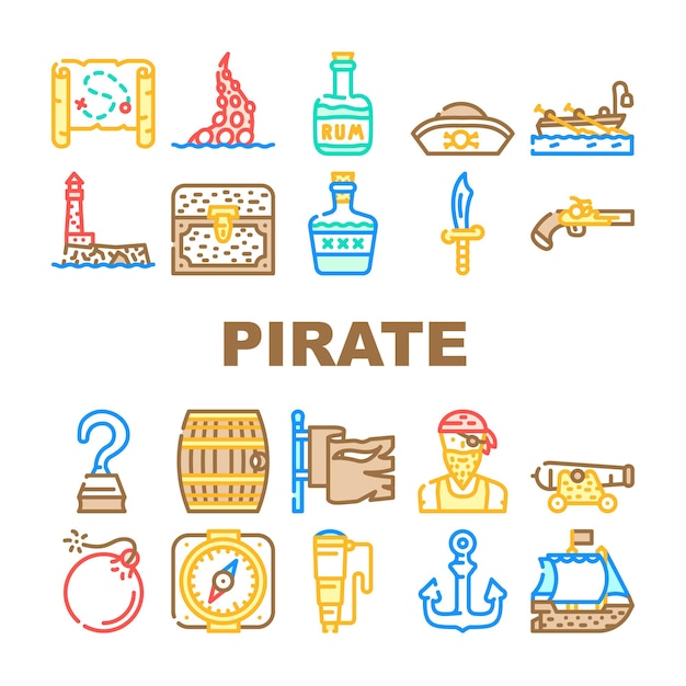 Conjunto de iconos de colección de ladrones de mar pirata Barco pirata vectorial flotando en el océano y sombrero de bandera y brújula Arma y cofre del tesoro de sable y pictogramas de línea de barril de bebida Ilustraciones de color de contorno