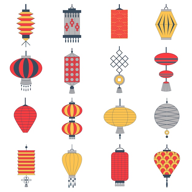 Conjunto de iconos de colección de linterna de papel chino. Elementos de decoración del festival de año nuevo y primavera y símbolos de celebración navideña. Linternas y lámparas japonesas tradicionales de la cultura oriental.