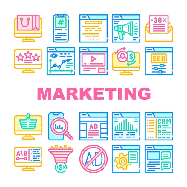 Conjunto de iconos de colección de marketing digital Vector Marketing en Internet y publicidad en línea Seo y Crm Configuración de publicidad y concepto de asesoramiento en video Pictogramas lineales Ilustraciones de contorno de color