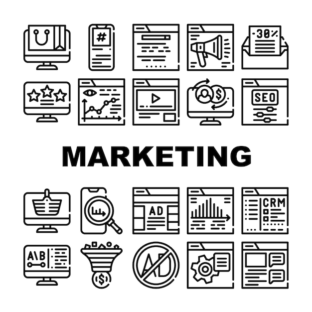 Conjunto de iconos de colección de marketing digital Vector Marketing en Internet y publicidad en línea Seo y Crm Configuración de publicidad y consejos de video Ilustraciones de contorno negro