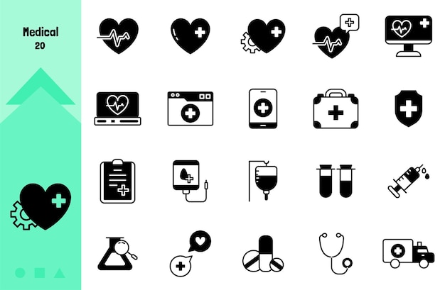 El conjunto de iconos de la colección médica de estilo negro sólido