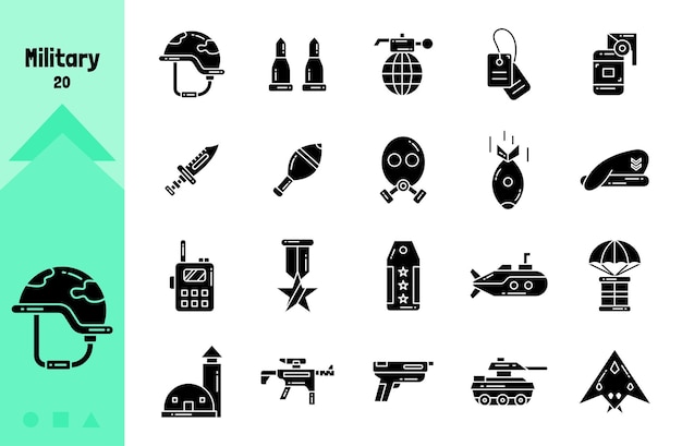 Conjunto de iconos de la colección militar estilo glifo