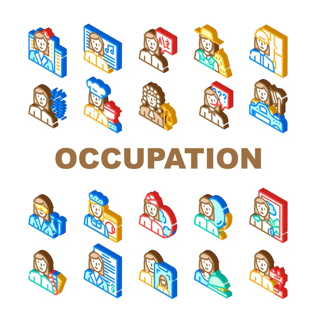 Conjunto de iconos de colección de ocupación femenina Vector Médico y músico Intérprete y agricultor Arquitecto y juez Ocupación de mujer Signo isométrico Ilustraciones en color