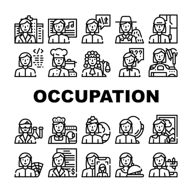 Conjunto de iconos de colección de ocupación femenina Vector Médico y músico Intérprete y granjero Arquitecto y juez Ocupación de mujer Ilustraciones de contorno negro