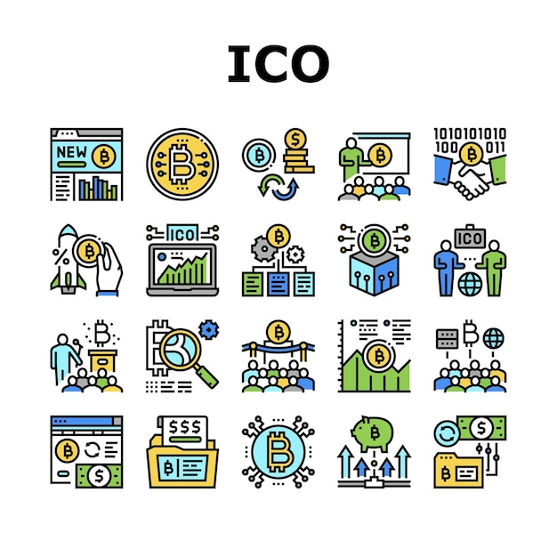 Conjunto de iconos de colección de oferta de moneda inicial Ico Vector