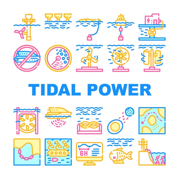 Conjunto de iconos de la colección de plantas de energía de mareas Estación de energía de mareas industrial vectorial y esquema de control de voltaje Plan de trabajo y daño ambiental Concepto Pictogramas lineales Ilustraciones de color de contorno
