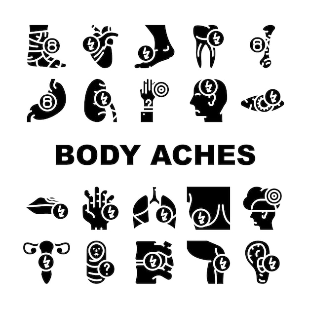 Conjunto de iconos de colección de problemas de dolores corporales Vector Corazón y dientes Hueso y ojo Pecho y útero Pierna y dedos Pictogramas de glifo de dolor agudo y desconocido Ilustraciones negras