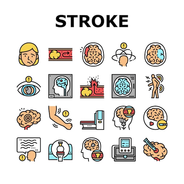 Conjunto de iconos de colección de problemas de salud de accidentes cerebrovasculares Vector