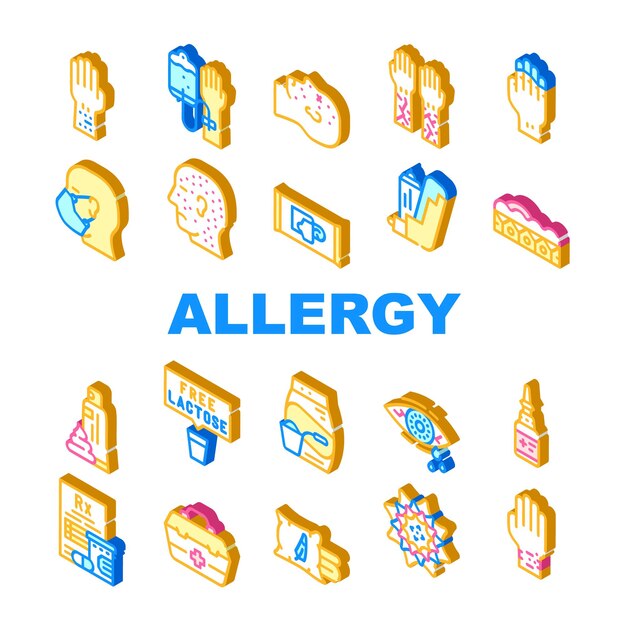 Conjunto de iconos de colección de problemas de salud de alergia Prueba de reacción alérgica vectorial y pulsera de silicona Servilletas de alergia Detergente en polvo y alérgeno de cuero Signo isométrico Ilustraciones en color