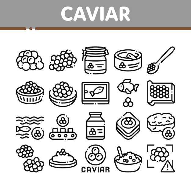 Conjunto de iconos de colección de productos de mariscos caviar