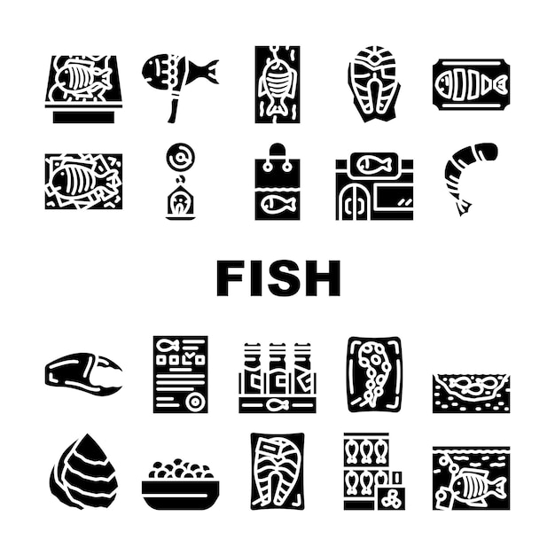 Conjunto de iconos de colección de productos de mercado de pescado Vector Fumar y pescado congelado Tentáculos de pulpo y paquete de camarones pelados Tienda Acuario y estanque Pictogramas de glifos Ilustraciones negras