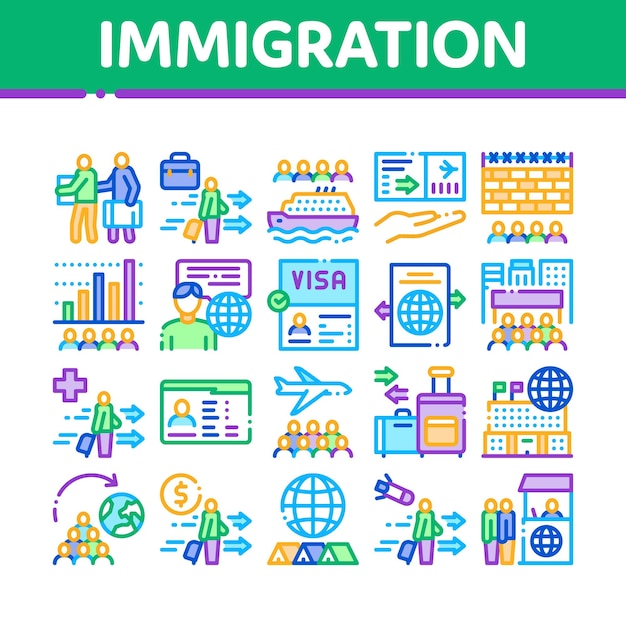 Conjunto de iconos de colección de refugiados de inmigración Vector