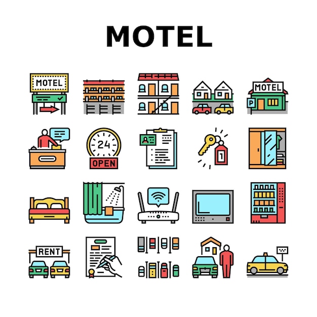 Conjunto de iconos de colección de servicio de comodidad de motel Vector
