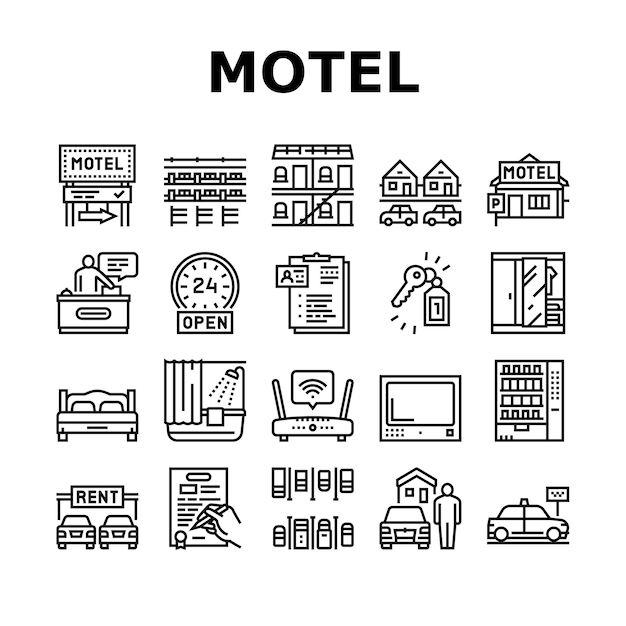 Conjunto de iconos de colección de servicio de comodidad de motel Vector