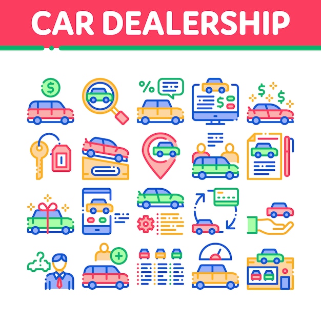 Conjunto de iconos de colección de tienda de concesionario de coches