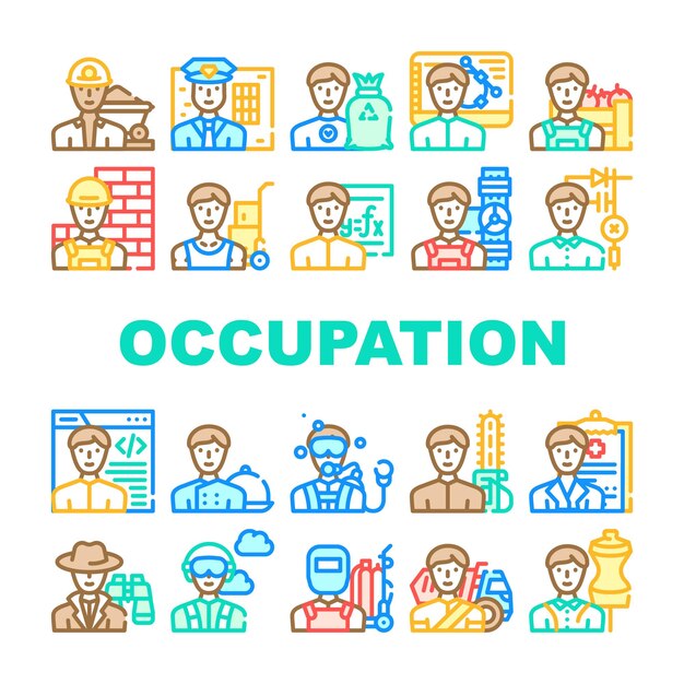 Conjunto de iconos de colección de trabajo de ocupación masculina Minero vectorial y policía Voluntario y diseñador Agricultor y constructor Mover y fontanero Ocupación Concepto Pictogramas lineales Ilustraciones de contorno