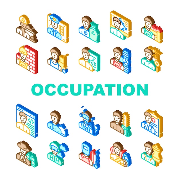 Conjunto de iconos de colección de trabajo de ocupación masculina Vector Minero y policía Voluntario y diseñador Agricultor y constructor Mover y fontanero Ocupación Signo isométrico Ilustraciones en color