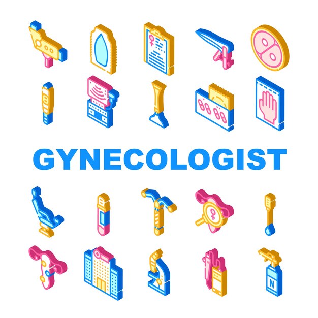 Conjunto de iconos de colección de tratamiento de ginecólogo Colposcopio de ginecólogo vectorial y supositorios ginecológicos de estetoscopio y ilustraciones de color de signo isométrico de silla