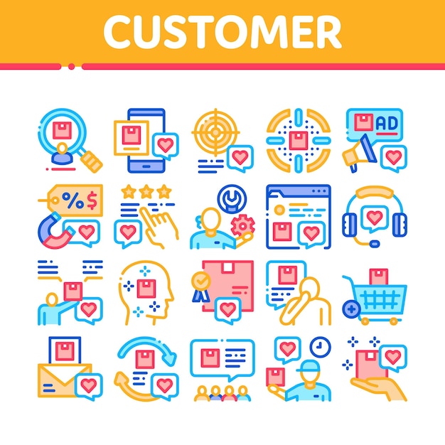 Conjunto de iconos de colección de viaje de cliente comprador Vector