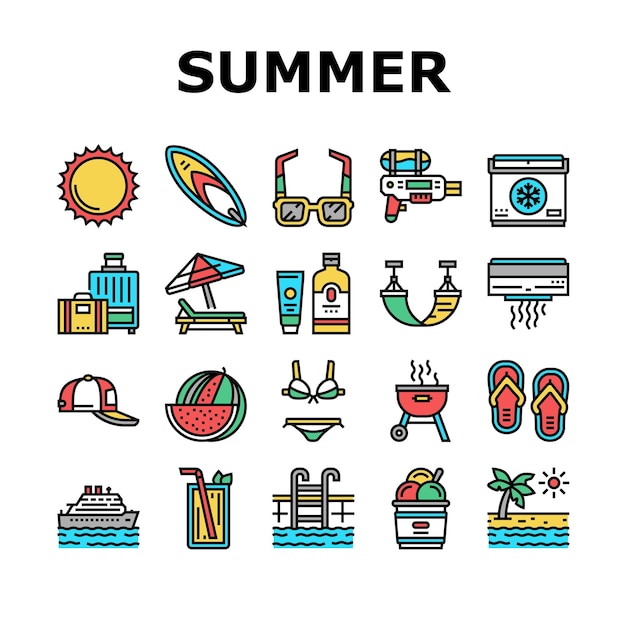 Conjunto de iconos de colección de viajes de vacaciones de verano Vector