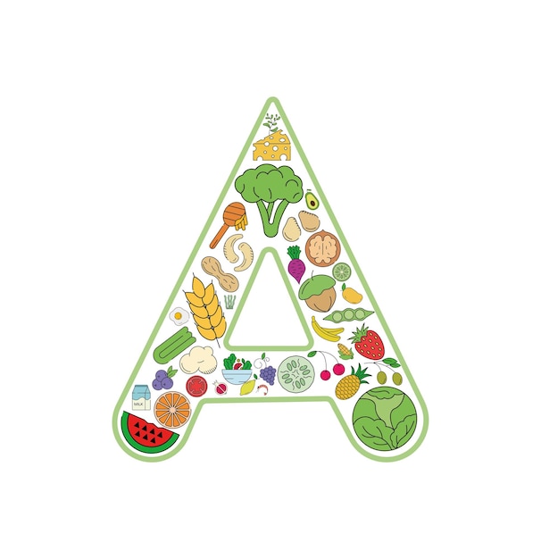 Conjunto de iconos de collage de alimentos y bebidas de la letra A. Conjunto vectorial de alérgenos esenciales e iconos de línea de dieta