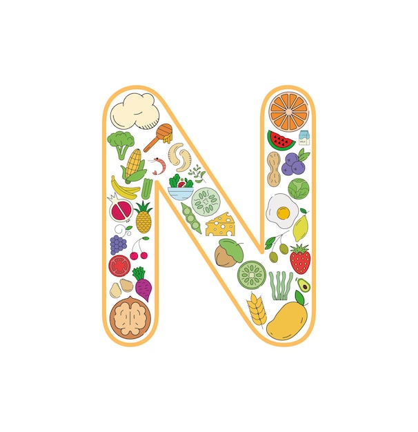 Conjunto de iconos de collage de alimentos y bebidas de la letra N. Conjunto vectorial de alérgenos esenciales e iconos de línea de dieta