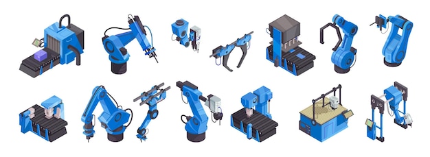 Conjunto de iconos de color de automatización de robot isométrico con brazos robóticos azules y herramientas ilustración vectorial