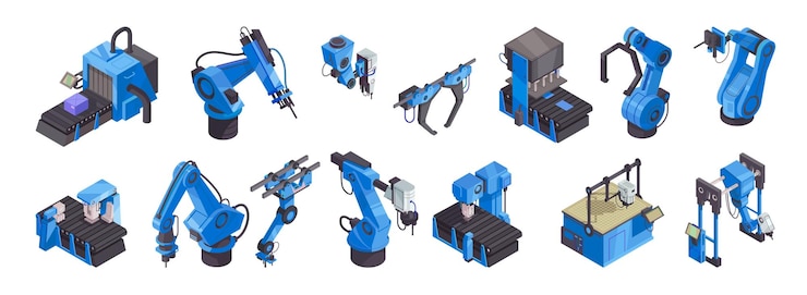 Vector conjunto de iconos de color de automatización de robot isométrico con brazos robóticos azules y herramientas ilustración vectorial