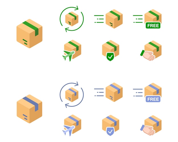 Conjunto de iconos de color de la caja del paquete Envío rápido signo de estilo realista Símbolo de envío gratuito y mundial