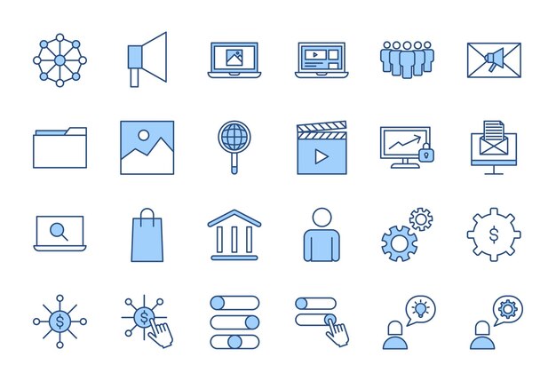 Conjunto de iconos de color de línea azul relacionados con Marketing Digital Conjunto del icono de marketing digital editable Ilustración vectorial de gestión de finanzas de negocios de seguros