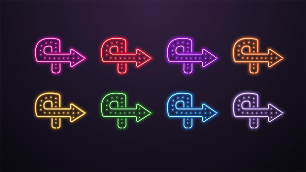 Un conjunto de iconos de color neón de flechas y punteros en diferentes colores sobre un fondo oscuro