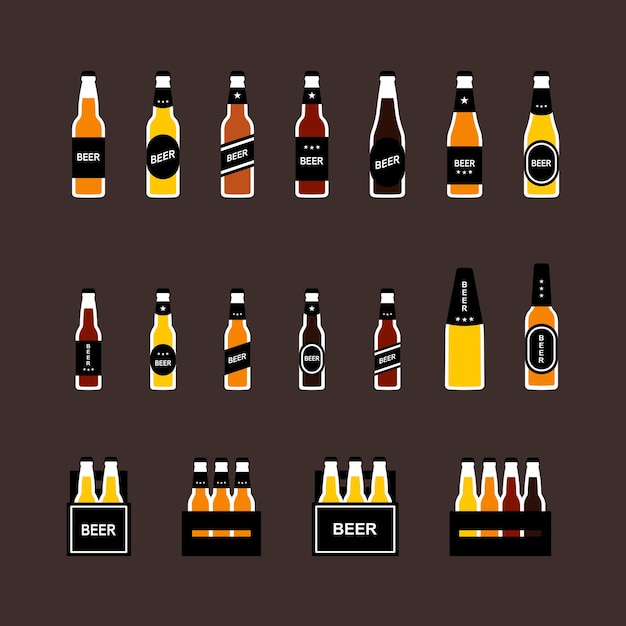 Vector conjunto de iconos de color plano de botella de cerveza, variedad de cervezas. vector