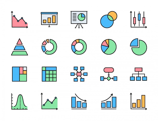 Vector conjunto de iconos de color plano gráfico y gráfico. gráfico circular, columna, presentación