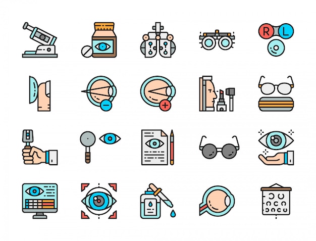Conjunto de iconos de color plano de optometría.