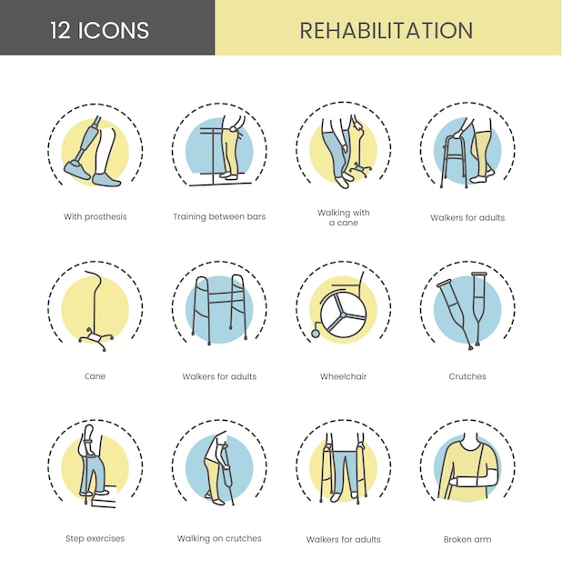 Conjunto de iconos de color rehabilitación ilustración vectorial caminantes para adultos con bastón y muletas brazo roto