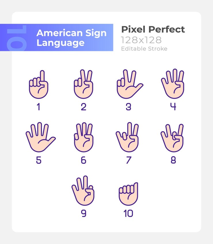 Vector conjunto de iconos de color rgb perfectos de píxeles de lenguaje de señas americano