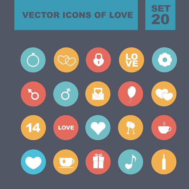 Conjunto de iconos de colores de amor. Día de San Valentín. Diseño plano