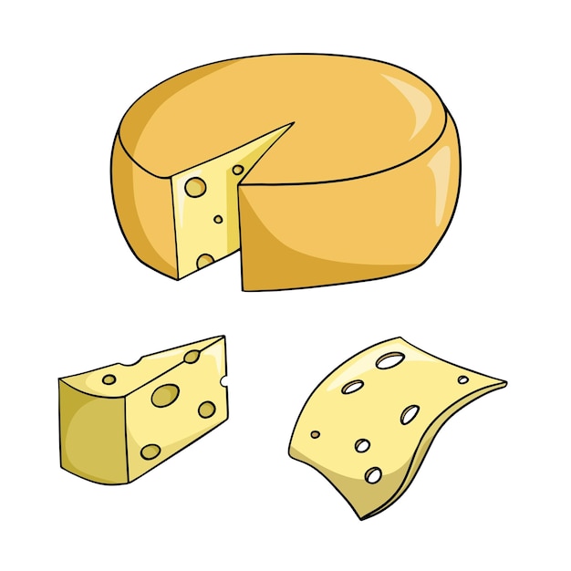 Un conjunto de íconos de colores una cabeza de queso grande amarilla una rebanada de queso un trozo triangular de queso
