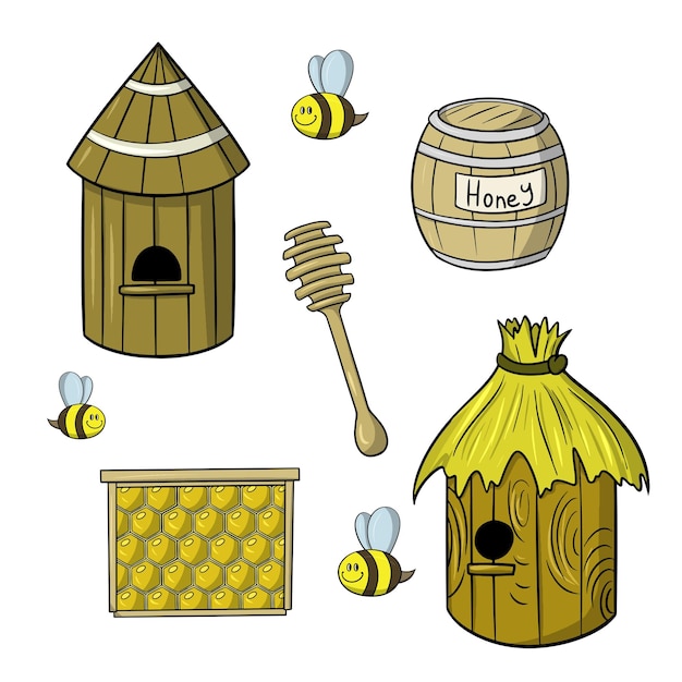 Un conjunto de iconos de colores para la colección de miel objetos de madera para vector de abejas en estilo de dibujos animados