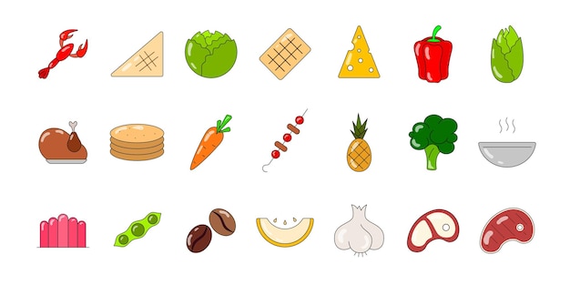 Conjunto de iconos de colores de comida y cocina Iconos de línea de ilustración de vector plano establecidos para web móvil y diseño de menú Concepto de comida