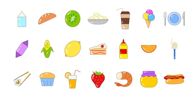 Conjunto de iconos de colores de comida y cocina Iconos de línea de ilustración de vector plano establecidos para web móvil y diseño de menú Concepto de comida