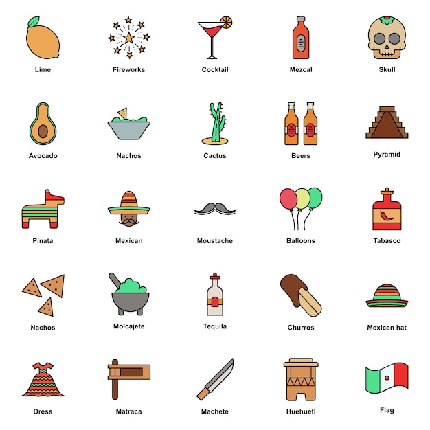 Vector conjunto de iconos de colores de la cultura mexicana. festival del cinco de mayo